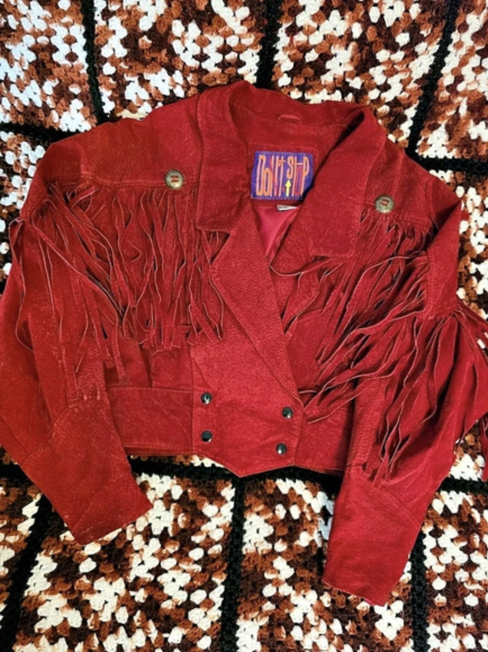 Vintage Don't Stop Red Orange Leather Fringe Jacket